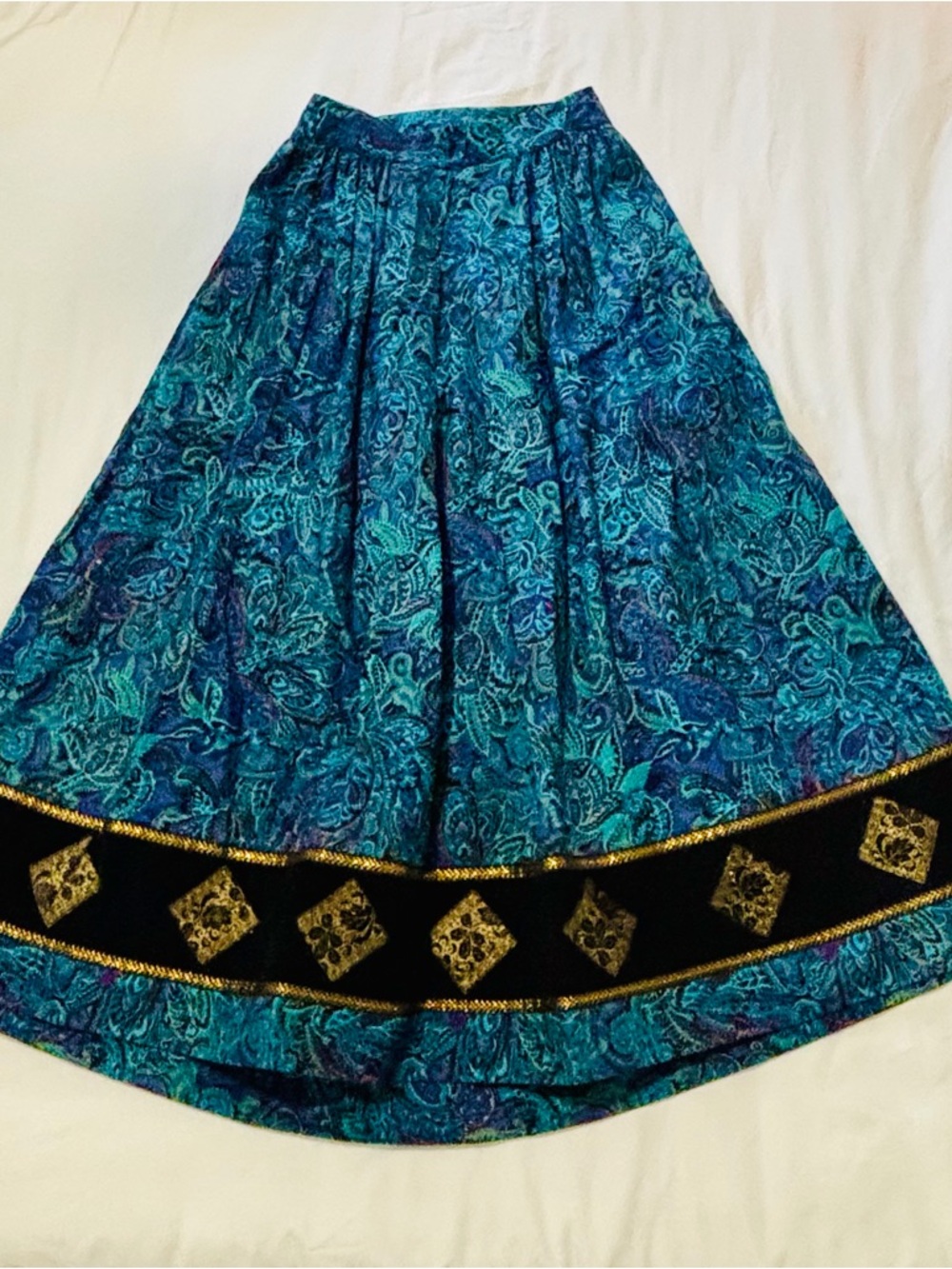 Blue Paisley A-Line Maxi Skirt with Gold Accent